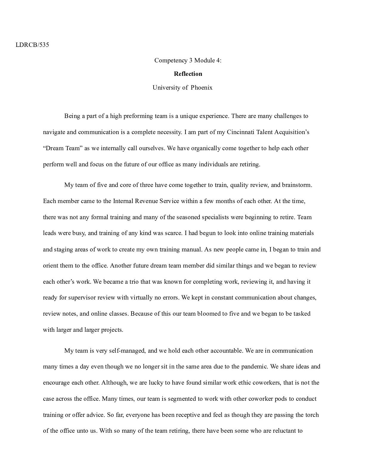 Preview image of Competency 2 Module 4 Reflection.docx  LDRCB/535  Competency 3 Module 4: Reflection document